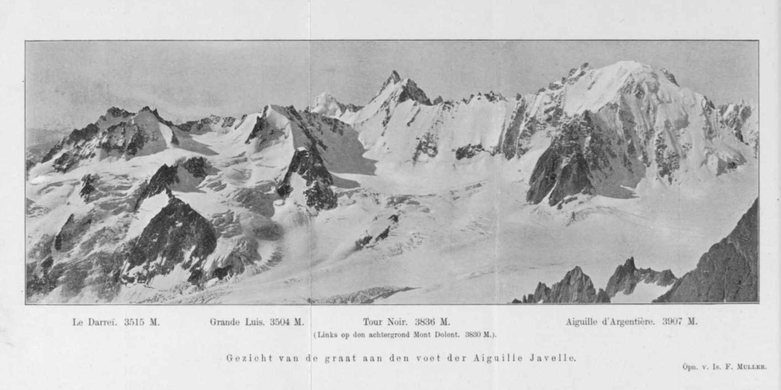 Foto van Isabella Muller van de Aiguille d'Argentière op een uitvouwblad in de Mededeelingen van 1905