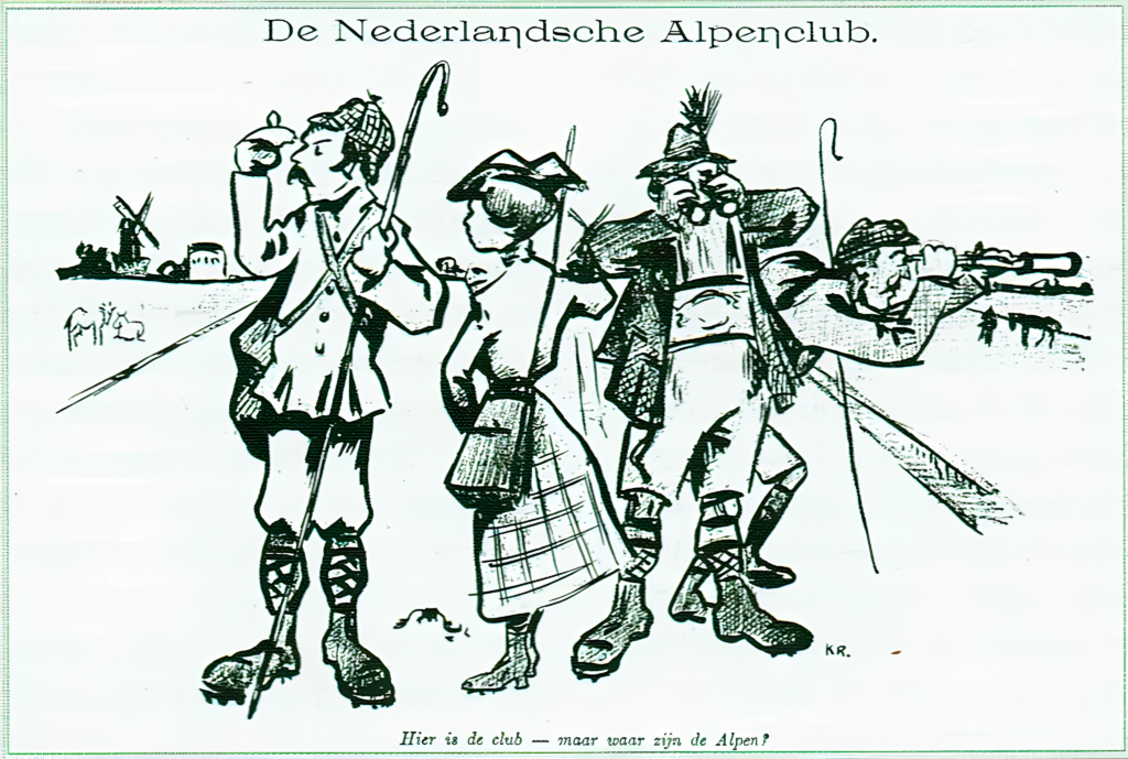 Spotprent in de kranten bij de oprichting van de N.A.V.‘Hier is de club – maar waar zijn de Alpen?’